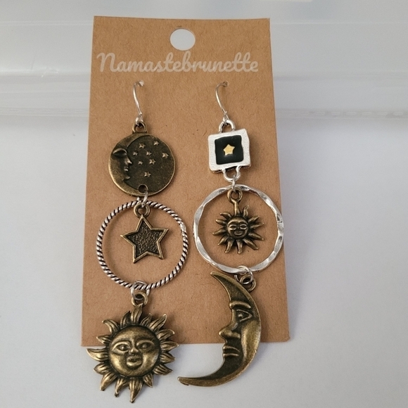Metal Boho Celestial Sun Moon Star Dangle Earrings - Picture 14 of 17